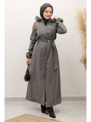 Tesettür Dünyası Gri Kolu Lastikli Fermuar Detaylı Kaşe Kaban