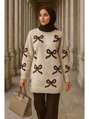 Neva Style Kurdele Desenli Bej Triko Kazak Tunik 8754bej