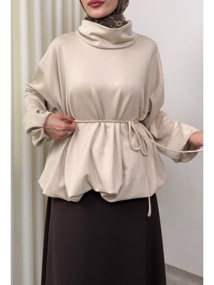 Salih Çelebi Bej Taş Detaylı Salaş Swit Bluz