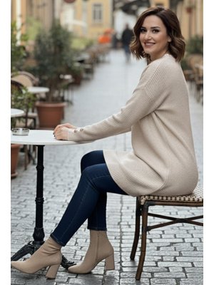 Benguen Taş Rengi Kolu Düğmeli Triko Kazak