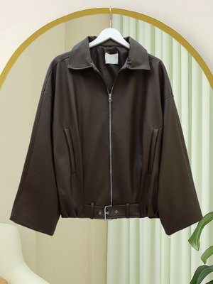 Podyumplus Kahve İçi Astarlı Beli Kat Detaylı Kemerli Deri Ceket