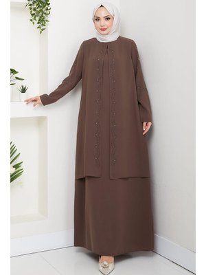 Hafsa Mina Kahverengi Büyük Beden Boncuklu Taşlı Anne Elbisesi