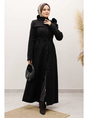 Tesettür Dünyası Siyah Beli Büzgülü Kaşe Kaban