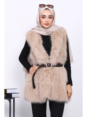 İmaj Butik Vizon Bel Kemerli Çift Cepli Kürk Yelek