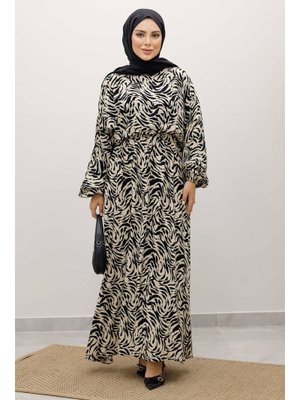 Tesettür Dünyası Bej Beli Lastikli Yarasa Kol Viskon Elbise