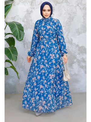 Neva Style Çiçek Desenli Petrol Mavisi Elbise 52682pm