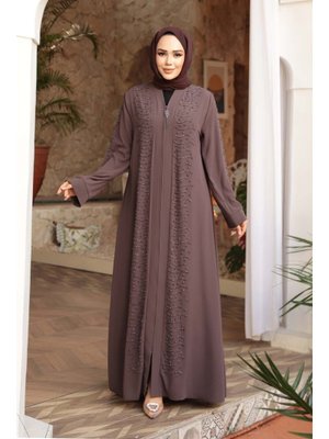 Neva Style Boncuk İşlemeli Açık Kahverengi Ferace 29127akh