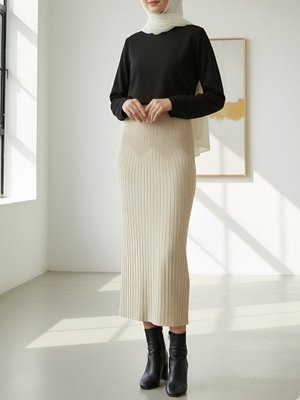 Podyumplus Krem Beli Lastikli Pliseli Triko Etek