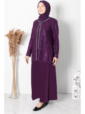 MODAVİKİ Mürdüm Dantelli Pul Payet Detay Abiye