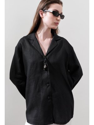 MANUKA Siyah Keten Geniş Kollu Gömlek