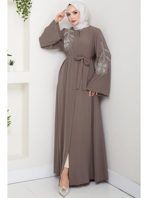 Hafsa Mina Açık Kahve İncili Çiçek Motifli Kuşaklı Ferace