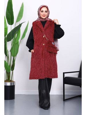 İmaj Butik Mürdüm Çanta Hadiyeli Angora Pelüş Kürk Yelek