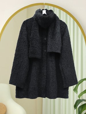 Podyumplus Siyah Atkı Detaylı Önü Düğmeli Sakallı Ceket