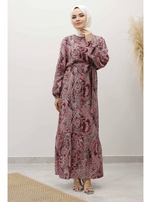 Tesettür Dünyası Bordo Şal Desen Kuşaklı Elbise