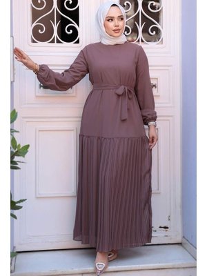 Neva Style Etek Ucu Pileli Koyu Gül Kurusu Elbise 23771kgk