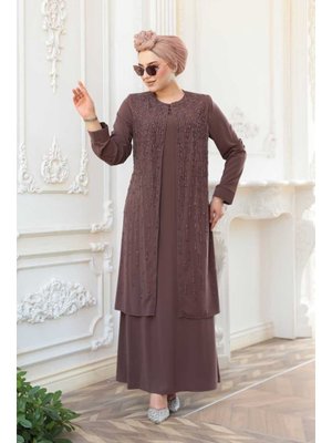 Neva Style Boncuk İşlemeli Çikolata Abaya 29119ck
