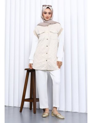 İmaj Butik Ekru Tunik Yelek Pantolon Üçlü Takım