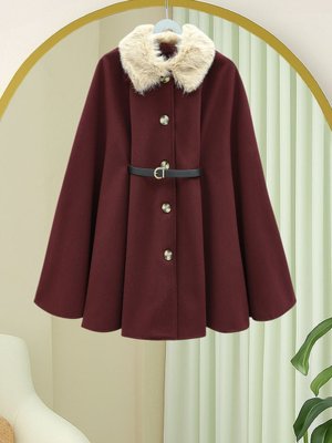 Podyumplus Bordo Yakası Kürklü Beli Kemerli Düğmeli Kaşe Panço
