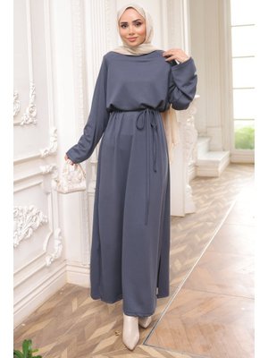 İmaj Butik Füme Bisiklet Yaka Bel Kuşaklı Elbise