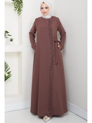 Hafsa Mina Kahverengi Gizli Fermuarlı Yandan Bağlamalı Boncuklu Ferace