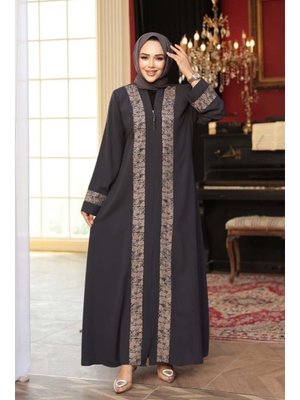 Neva Style Desen Detaylı Petrol Yeşili Ferace 29112py