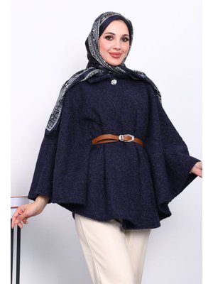 İmaj Butik Lacivert Kemerli Kaşe Panço