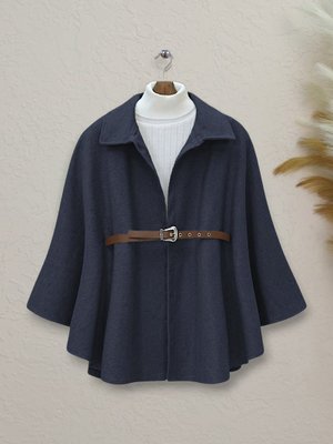 Podyumplus Laci Omuzu Düğmeli Beli Kemerli Kaşe Panço