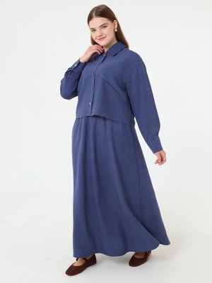 Alia Lacivert Yumuşak Tuşeli Gold Düğme Detaylı Gömlek & Etek Büyük Beden Takım