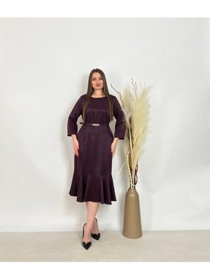 De White`s Mor Büyük Beden Alt Etek Kısmı Balık Detaylı Kemerli Elbise