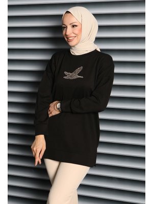 Tofisa Sıyah Siyah Kuş Taşlı İşlemeli Modal Tunik