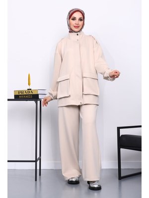 İmaj Butik Bej Fermuarlı Scuba Ceket Pantolonlu Takım