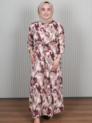 Moda Gazel Bordo Bağlamalı Detaylı Desenli Elbise