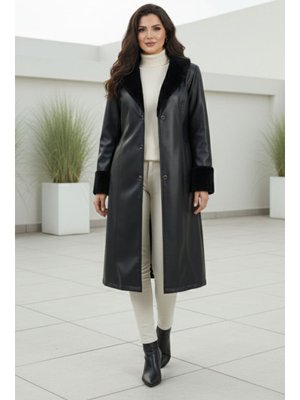 Benguen Siyah Yakası Ve Kolları Kürk Detaylı Deri Kaban