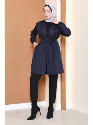 Tofisa Lacıvert Lacivert Kuşaklı Kolu Lastikli Miranda Trençkot