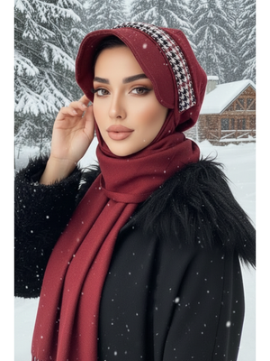 AİŞE TESETTÜR Bordo Kazayağı Detaylı Atkılı Şapka