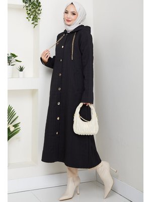 Bestenur Siyah Zincir Detay Düğmeli Kapitone Kap