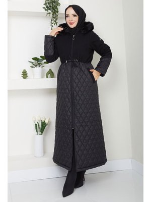 Tesettür Dünyası Siyah Beli İpli Kaşe Detaylı Mont
