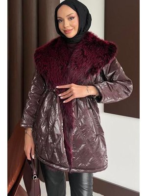 Podyumplus Mürdüm Kürk Yakalı Mont