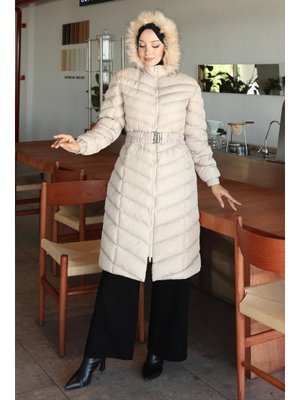 MODAMİHRAM Bej Kapüşonlu Şişme Mont