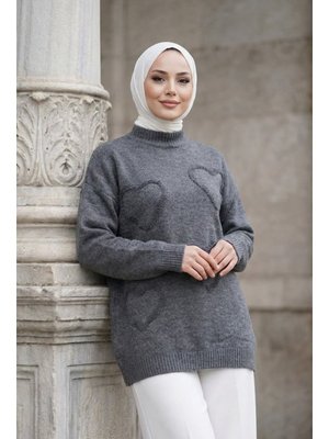 Neva Style Kalp Desenli Füme Triko Kazak Tunik 8802fu