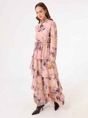 Refka Pudra Çiçek Desenli Balon Kollu Katlı Şifon Elbise