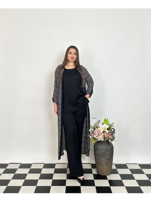 De White`s Siyah Büyük Beden Lü Bluzlu Pantolonlu Uzun Kimonolu Takım