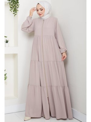 Hafsa Mina Bej Kat Kat Büzgülü Ferace