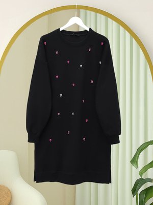 Podyumplus Siyah Yuvarlak Yaka Kalp Desenli Penye Tunik