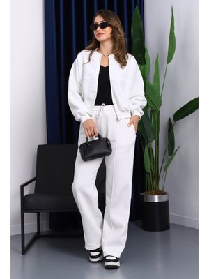 İmaj Butik Ekru Üç İplik Sweat Hırka Pantolonlu Takım