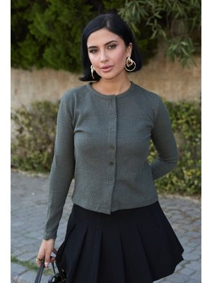 InStyle Basic Düğmeli Haki Waffle Hırka