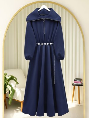 Podyumplus Laci Boğazlı Yarım Fermuarlı Beli Büzgülü Kemerli Scuba Elbise