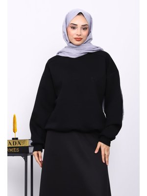 İmaj Butik Siyah Kanguru Cepli Şardonlu Üç İplik Hırka