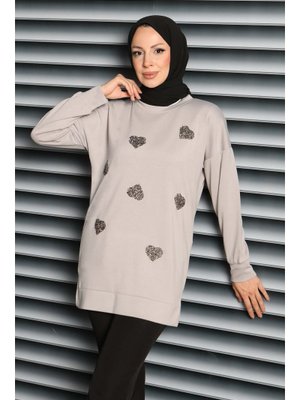 Tofisa Grı Gri Kalp Taşlı İşlemeli Modal Tunik
