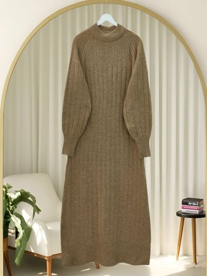 Podyumplus Vizon Fitilli Yırtmaçlı Uzun Triko Elbise